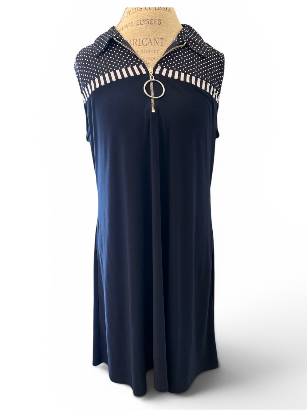 MSK XL Navy Polka Dot Zip Front Swing Dress Sleeveless A-Line